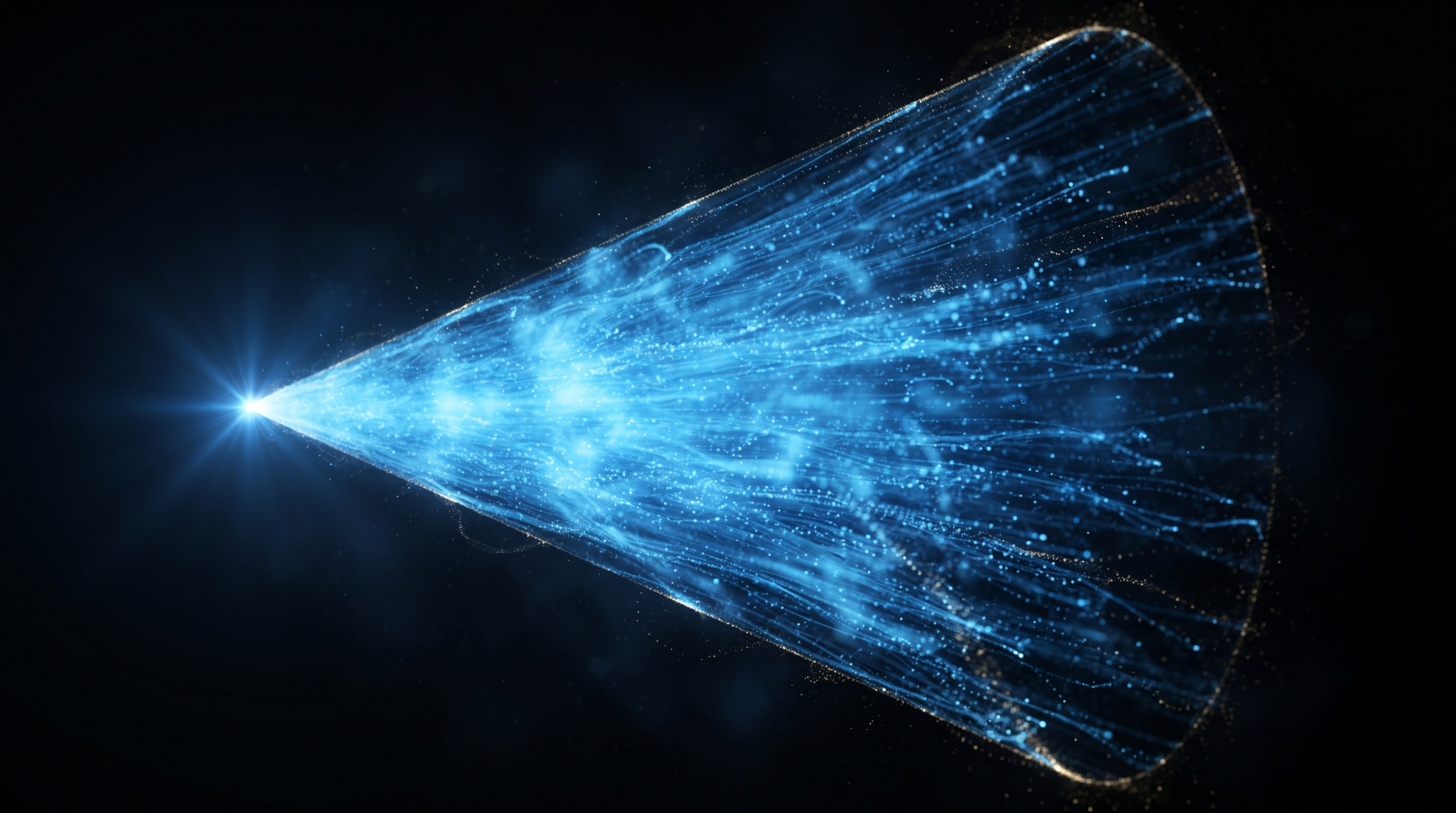 Cono luminoso de partículas azules que se abre desde un punto de luz, representando el rango de probabilidad del precio