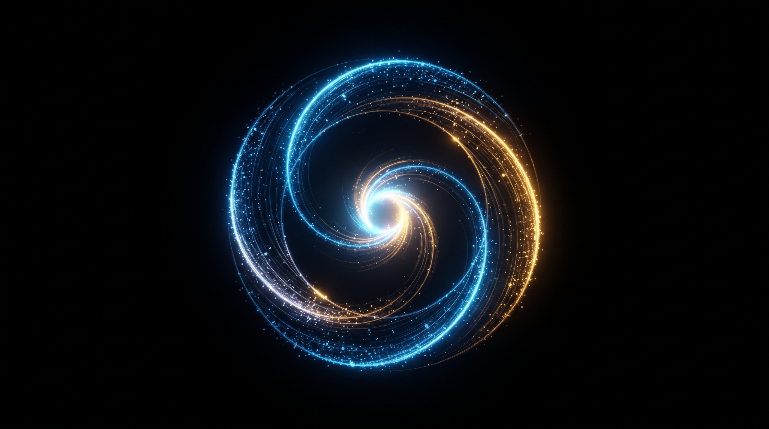Ciclo luminoso de tres arcos de partículas azules y doradas girando alrededor de un núcleo brillante sobre fondo negro