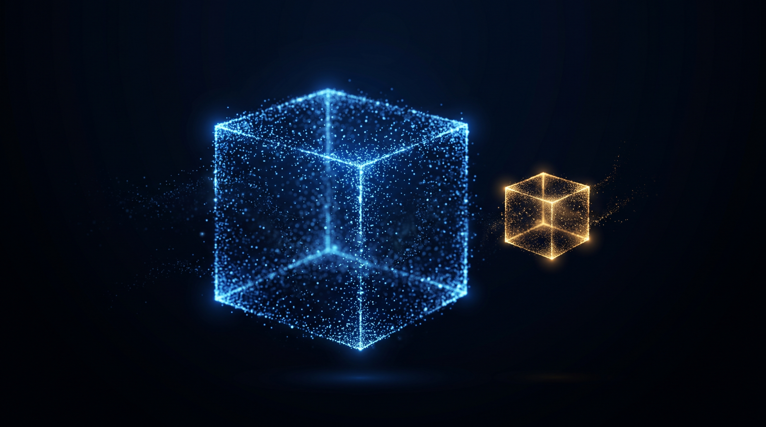 Ilustración abstracta de dos cubos de partículas luminosas, uno grande en azul y uno mucho más pequeño en dorado, flotando sobre fondo negro