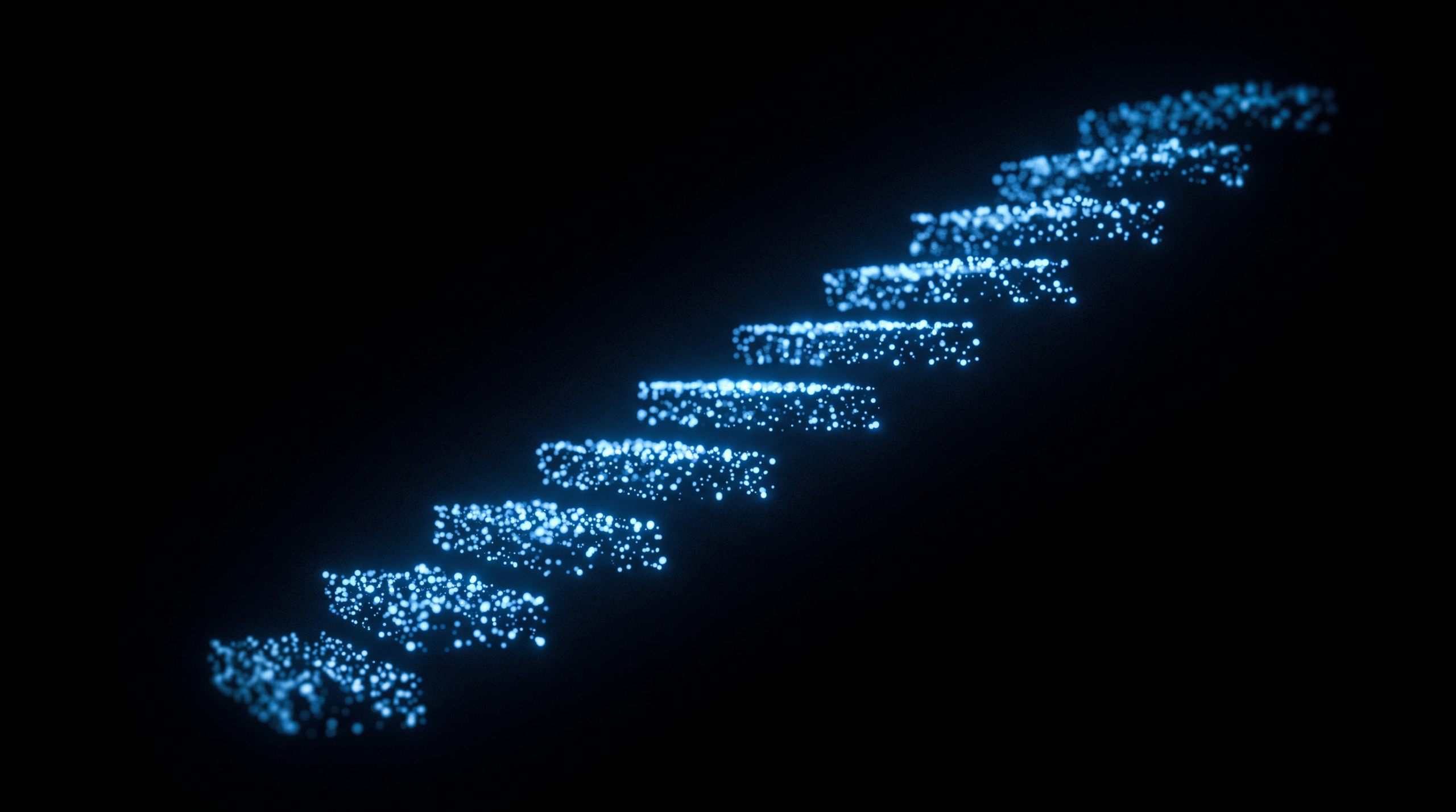 Escalera de partículas azules ascendiendo en peldaños cada vez más grandes, sobre fondo negro