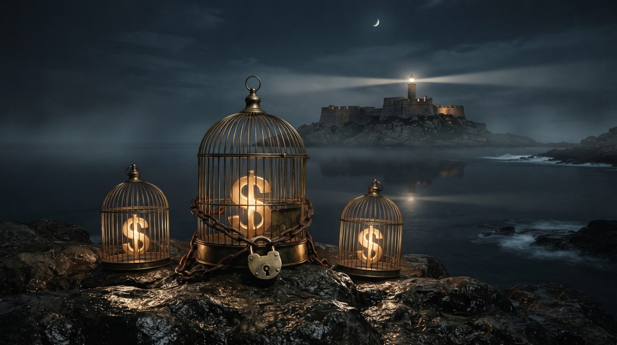 Tres jaulas doradas con signos de dolar encendidos, sobre rocas frente a un faro en la niebla — La Jaula