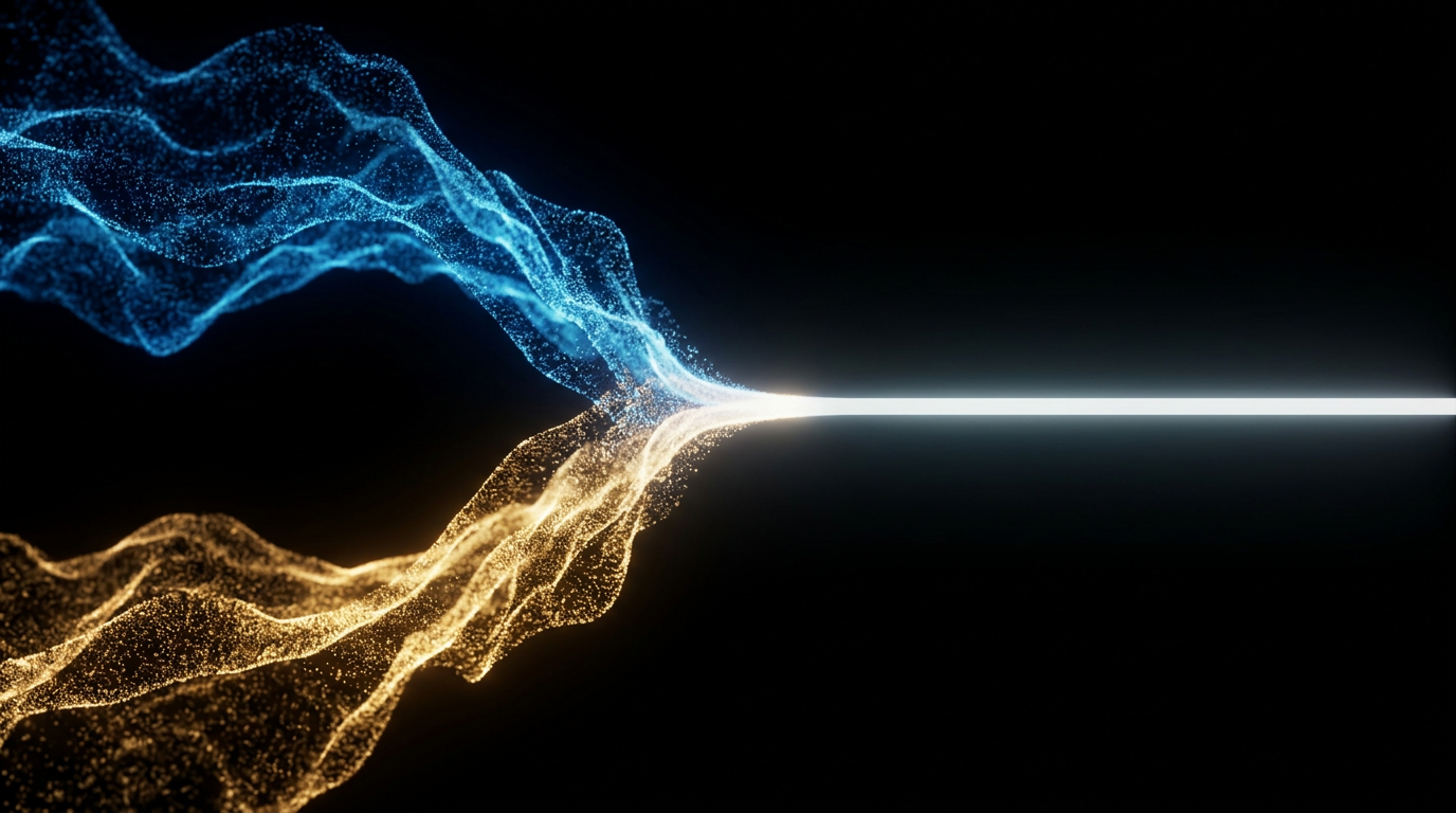 Dos ondas de partículas luminosas opuestas, una azul y una dorada, que se cancelan en una línea horizontal plana de luz sobre fondo negro