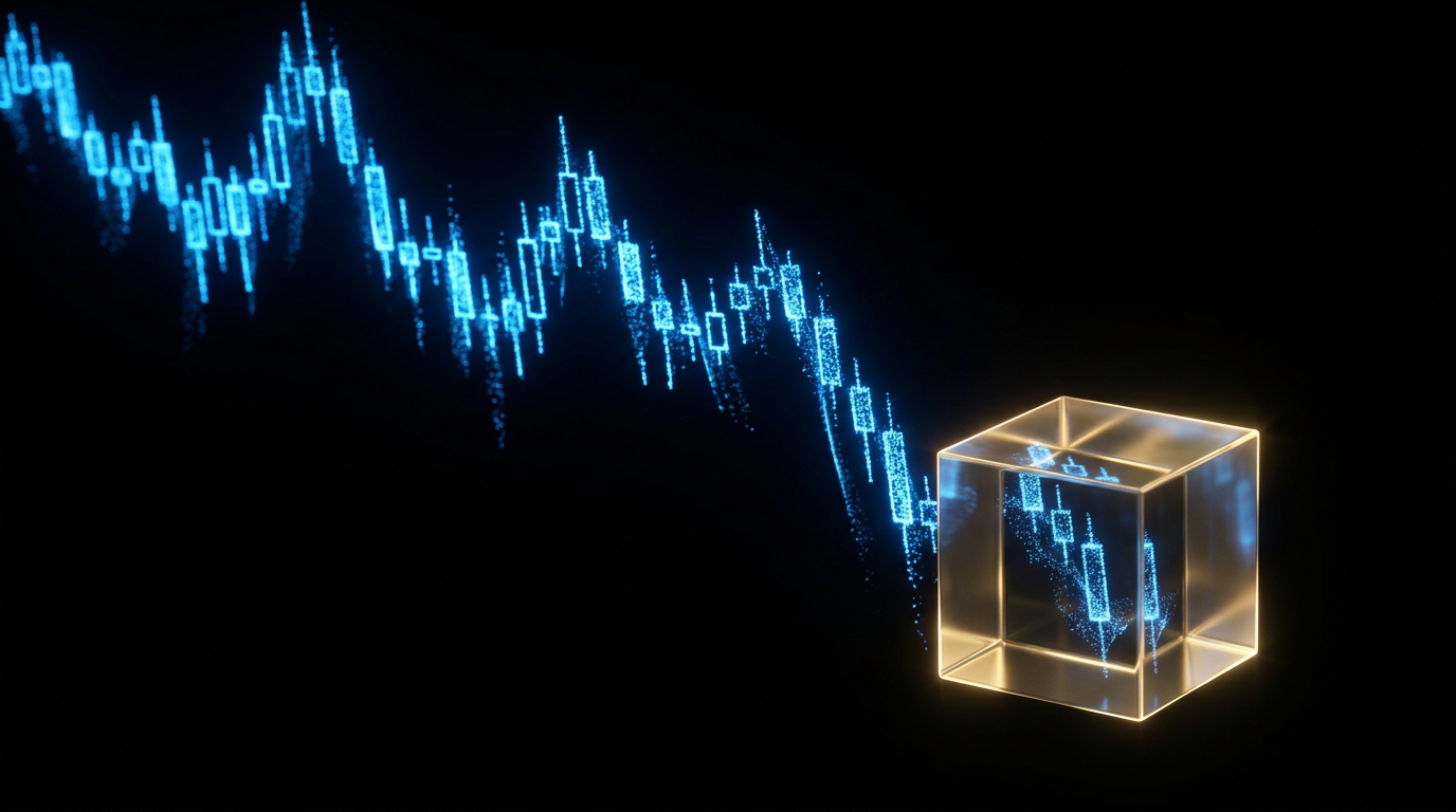 Gráfico de velas de partículas azules cayendo, con la última vela congelada dentro de un cubo de cristal