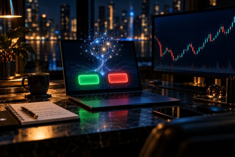 Escritorio de trader de noche con una laptop que muestra dos botones de contrato, uno verde y uno rojo, y un brillo de red neuronal